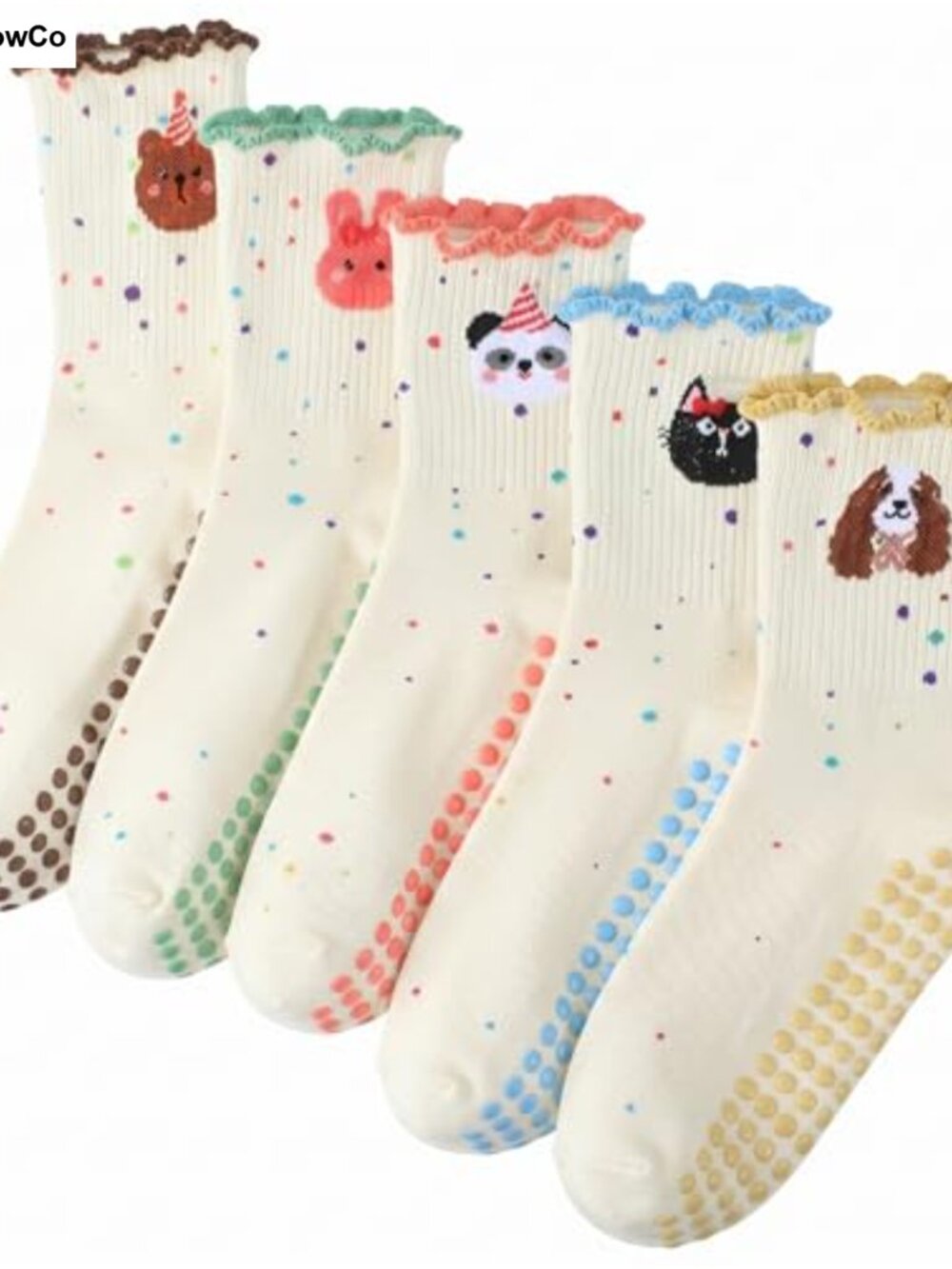 5 Pairs Women's Pilates Grippy Socks Ruffle Cotton Non-Slip Mid-Calf